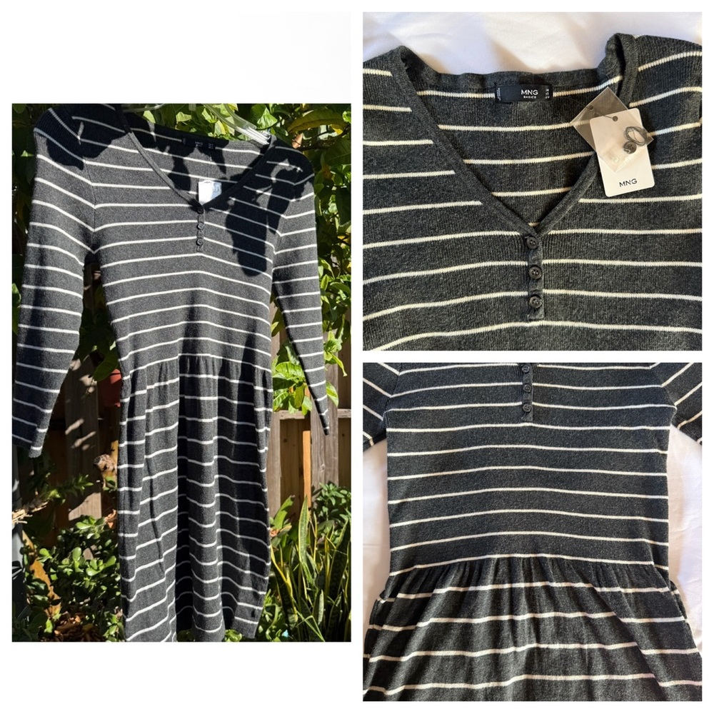 MNG Basics Dark Gray & White Striped Long Sleeve Dress with Ruching at Waist M/6
